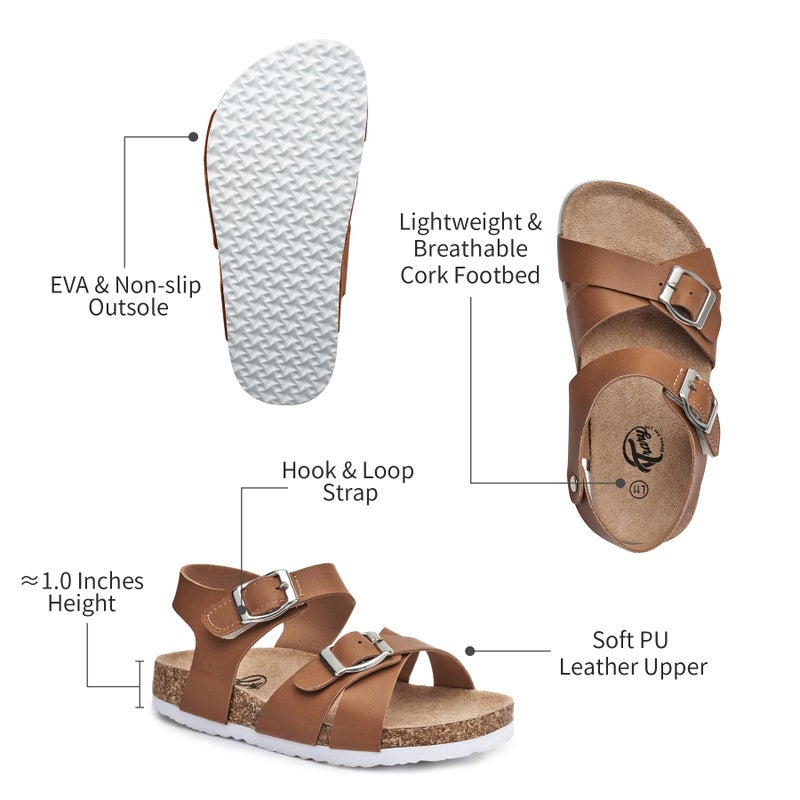 Trary Girls Brown Sandals Open Toe Casual Summer Shoes with Cork Footbed Comfortable Sandals for Girls, Little Kids Size 3 - Image 4